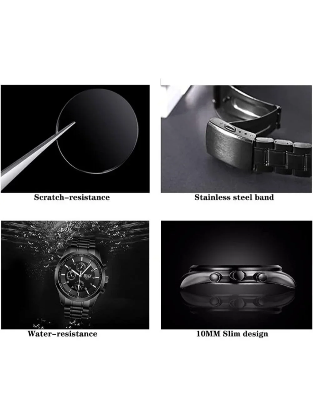 Men's Black Analog Quartz Stainless Steel Chronograph Waterproof Wrist Watch